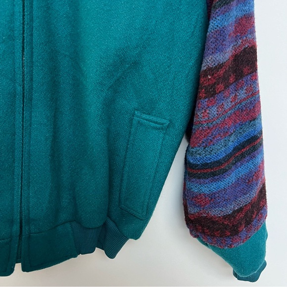 Vintage 1970's Women's Teal Bomber Jacker Wool Varsity Coat Aztec Sleeves US 10 - Picture 5 of 11